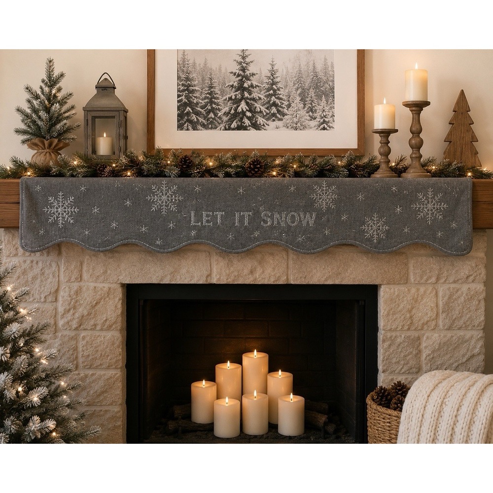 Cynthia Rowley Let It Snow Mantel Scarf Gray Silver Snowflakes 58x24 Christmas
